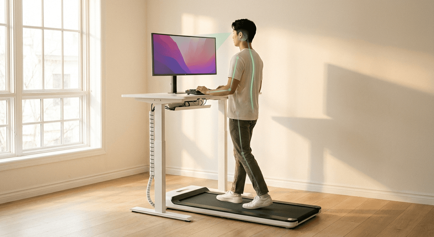 Ergonomic standing desk setup with a walking pad showing proper monitor and keyboard height