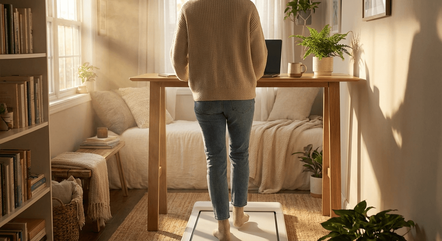 Person walking on a slim walking pad under a standing desk in a small apartment