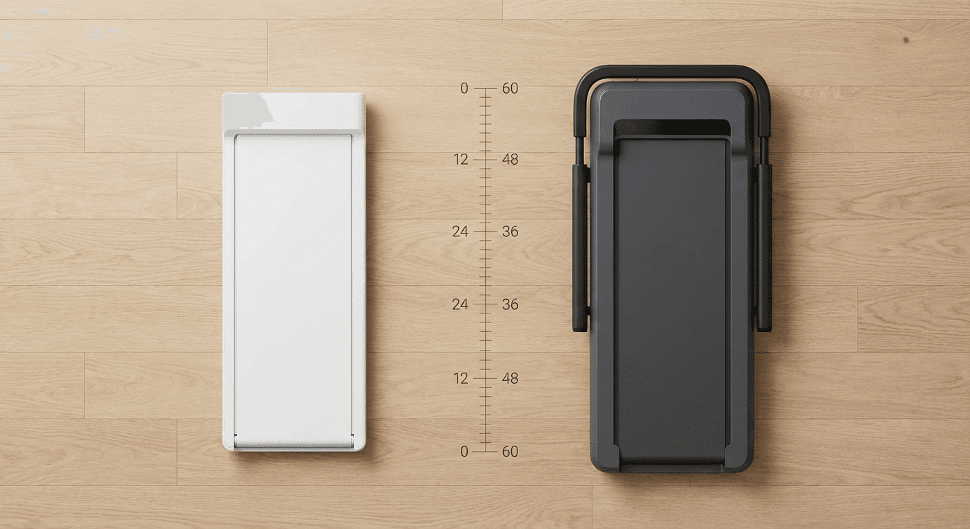 Top-down view showing the size difference between a compact walking pad and a larger under-desk treadmill