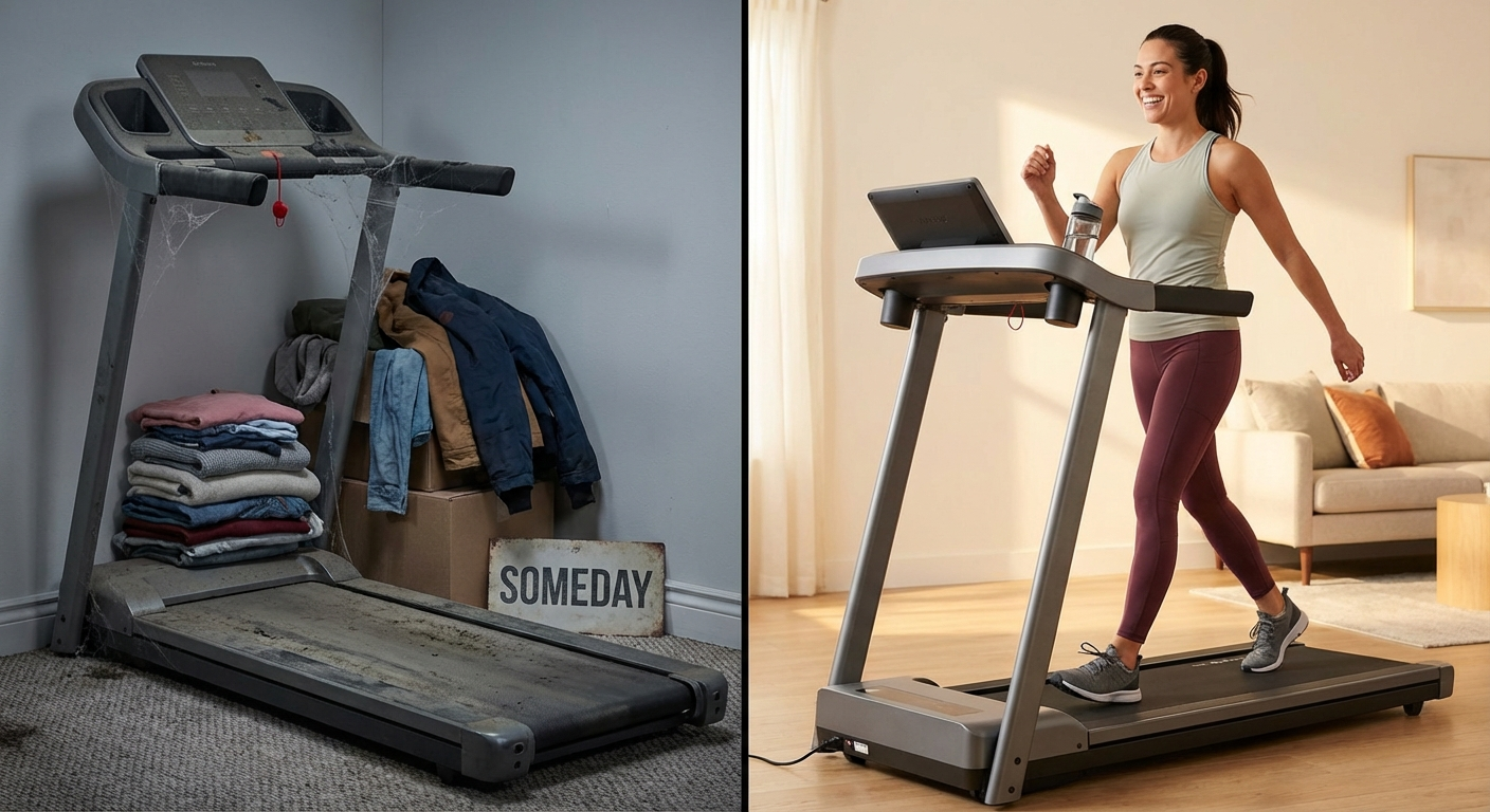 Split image showing walking pad abandoned with clothes on left versus actively used on right — the difference is systems