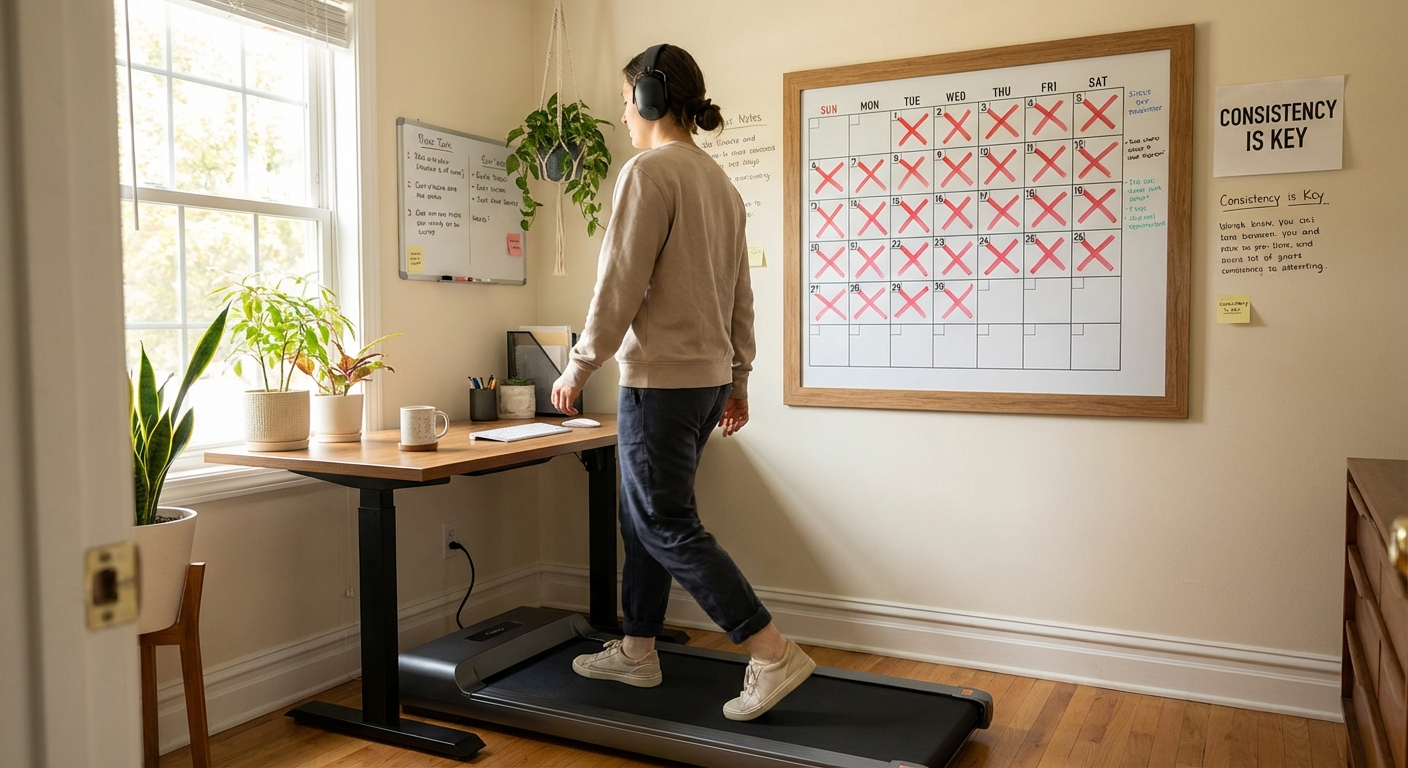 Person walking on walking pad with wall calendar showing 30-day streak of X marks visible, motivational home office