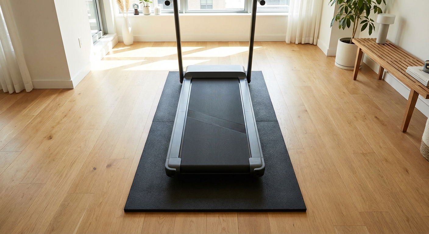 Walking pad on a thick rubber anti-vibration mat on hardwood apartment flooring