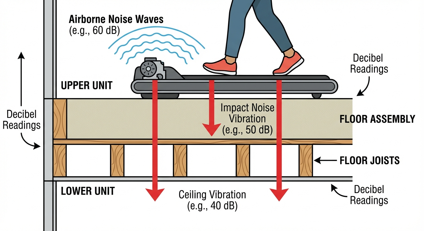 Infographic showing airborne noise vs impact noise transmission through apartment floors