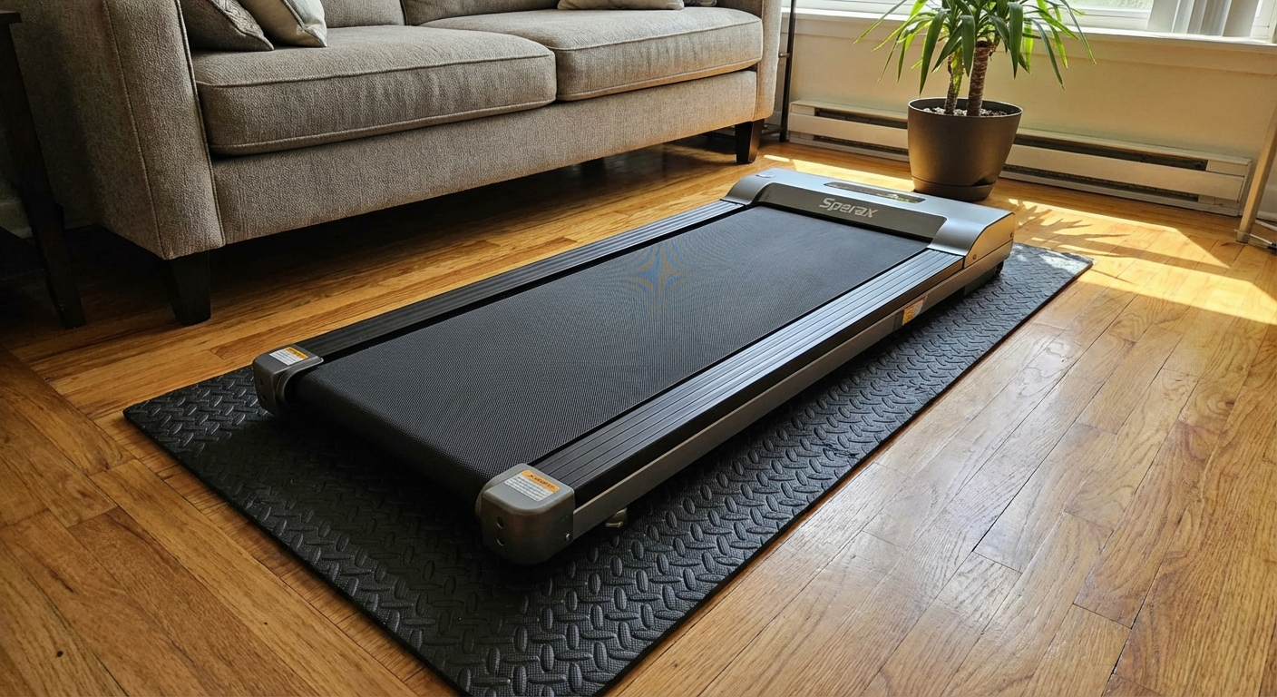Sperax walking pad on an anti-vibration mat in an apartment living room
