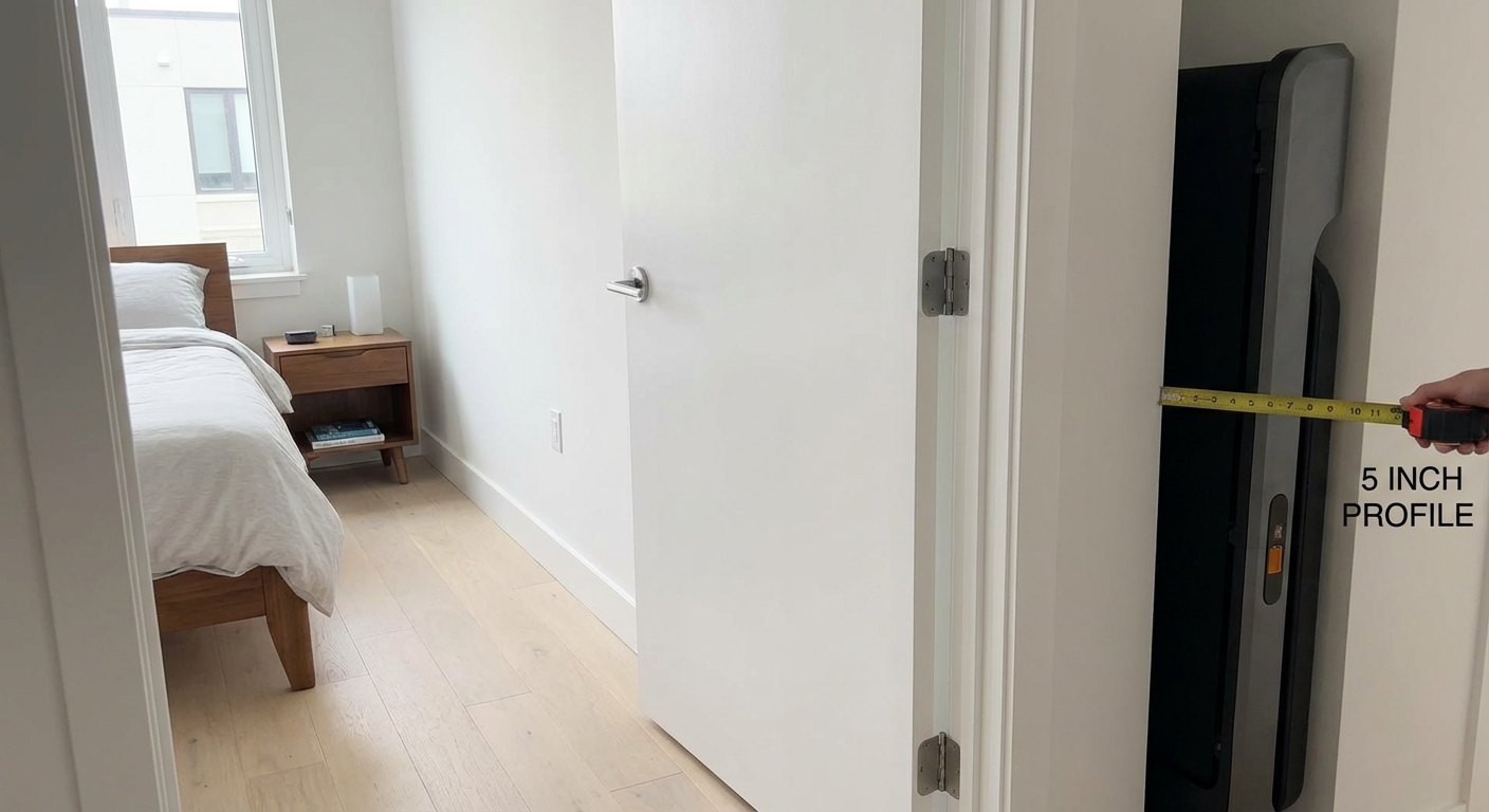 Walking pad storage test showing unit folded and stored behind a bedroom door