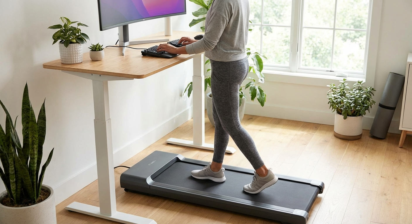 Standing desk with walking pad setup, ergonomic positioning guide