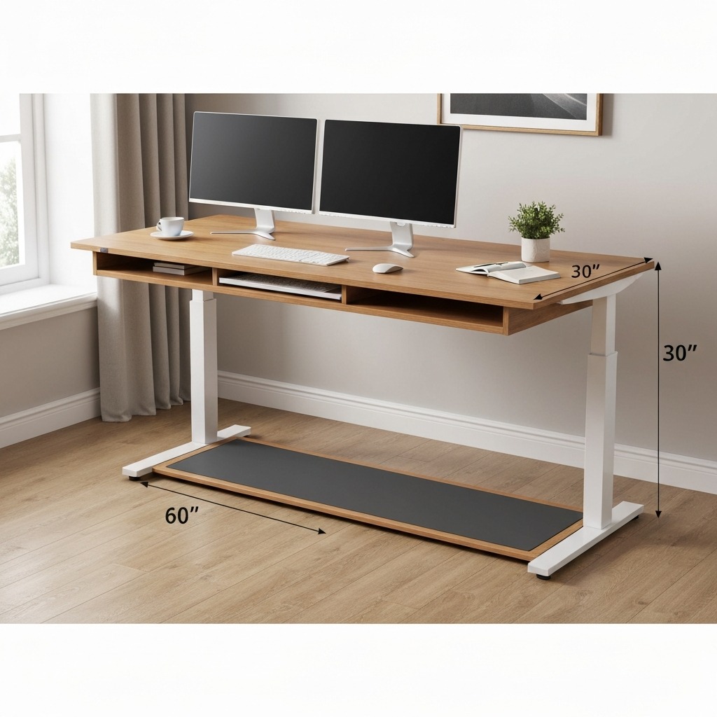 Height adjustable standing desk with walking pad underneath showing minimum surface dimensions for dual monitor setup