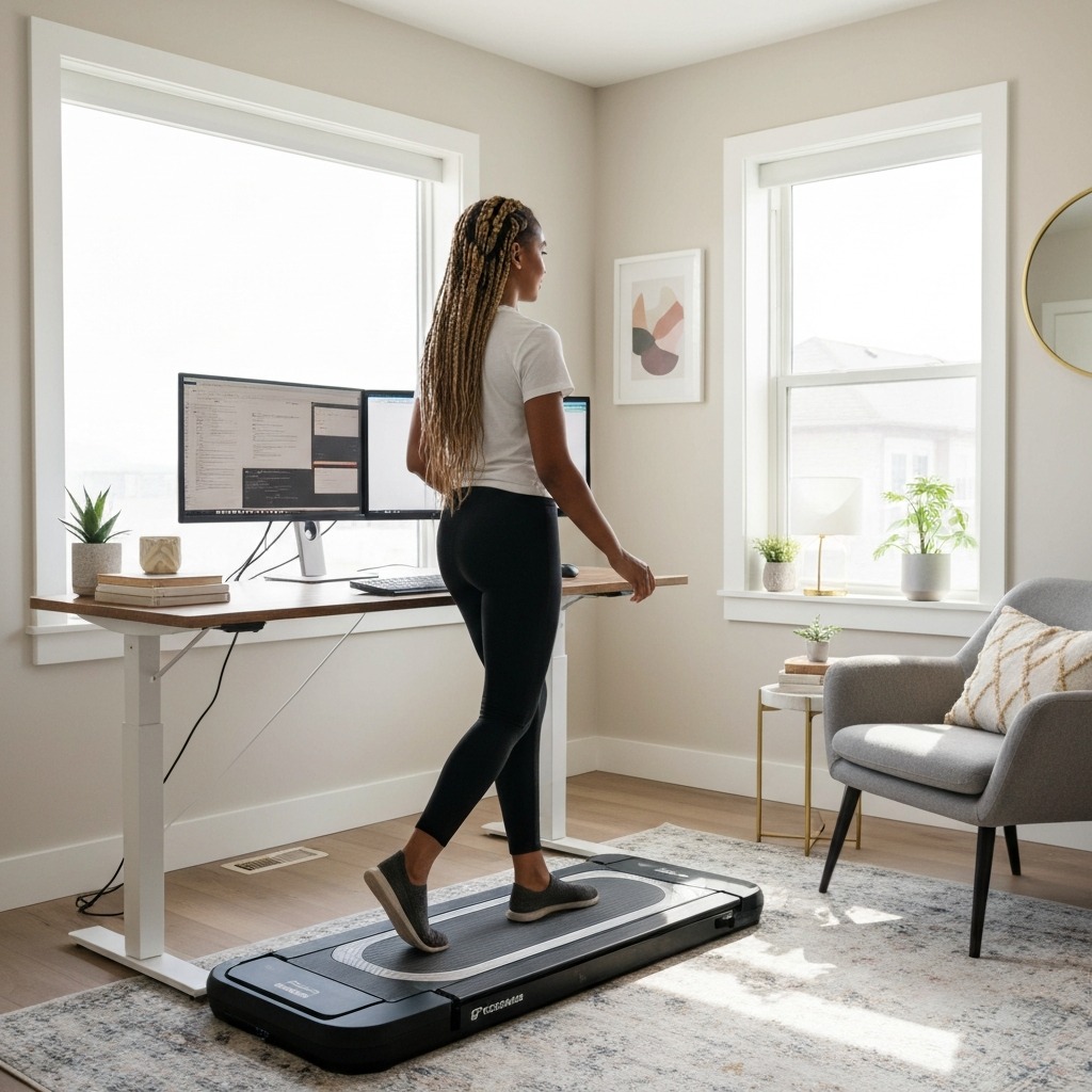 Walking pad used in home office with standing desk
