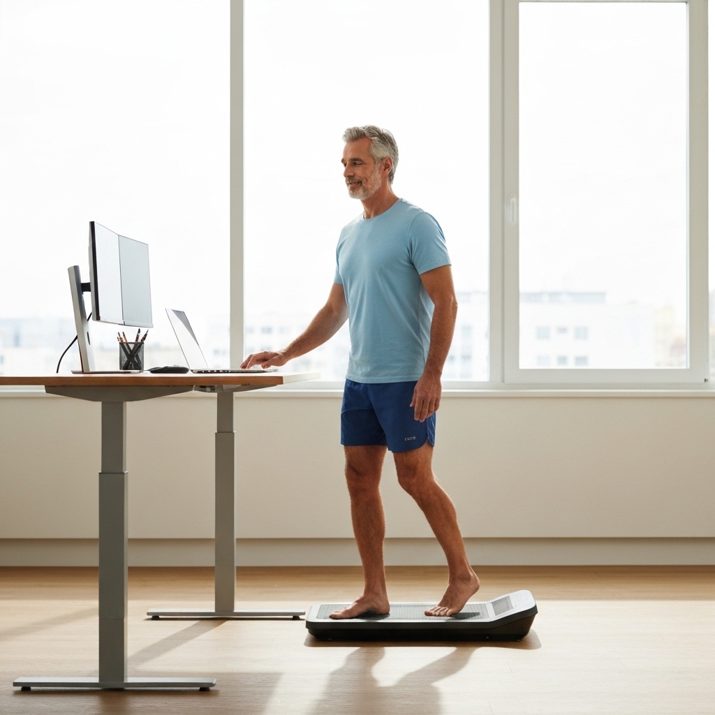 Person walking slowly on a compact walking pad positioned under a sit-stand desk, with a laptop and second monitor on the desk surface