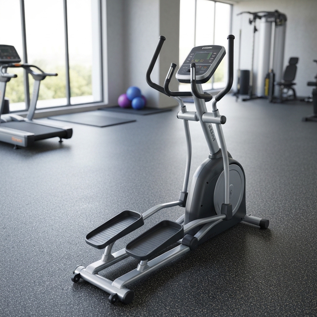 Silver elliptical trainer with moving arm handles in a home gym with rubber flooring — showing full footprint and height of the machine