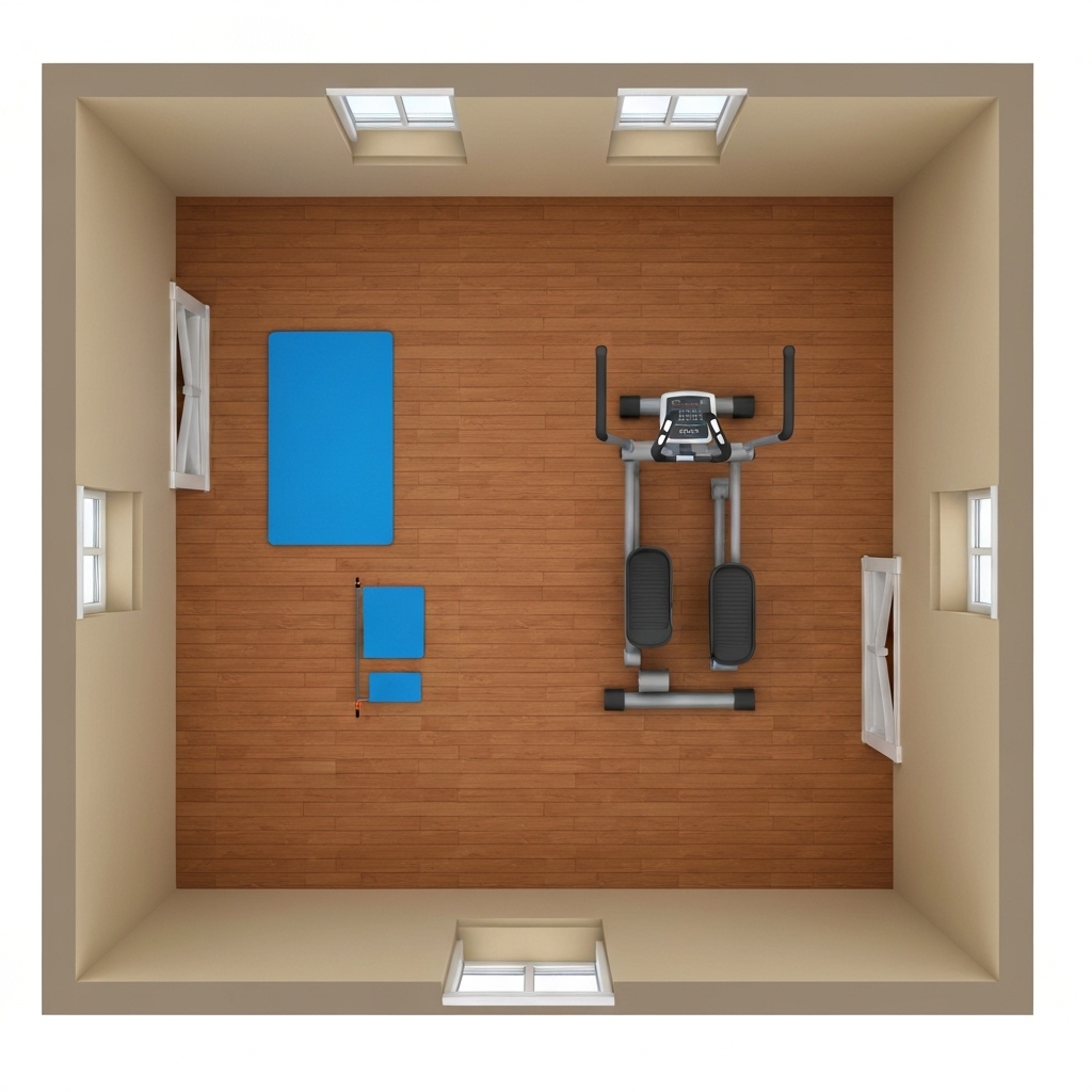 Overhead floor plan showing footprint of a walking pad versus an elliptical in a typical 10 by 12 foot room, demonstrating the significant size difference between machines