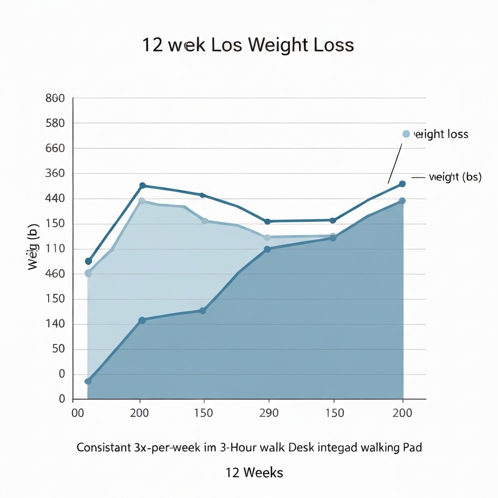 Line chart showing projected weight loss over 12 weeks for consistent elliptical use 3 times per week versus daily walking pad desk use at 3 hours per day