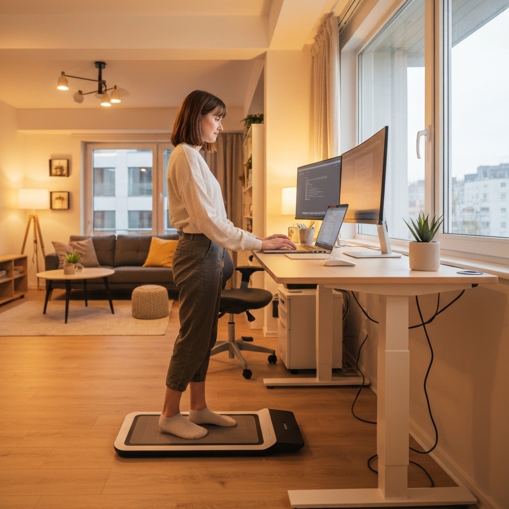 Woman walking on a slim walking pad under a standing desk while typing, two monitors on desk in bright modern home office