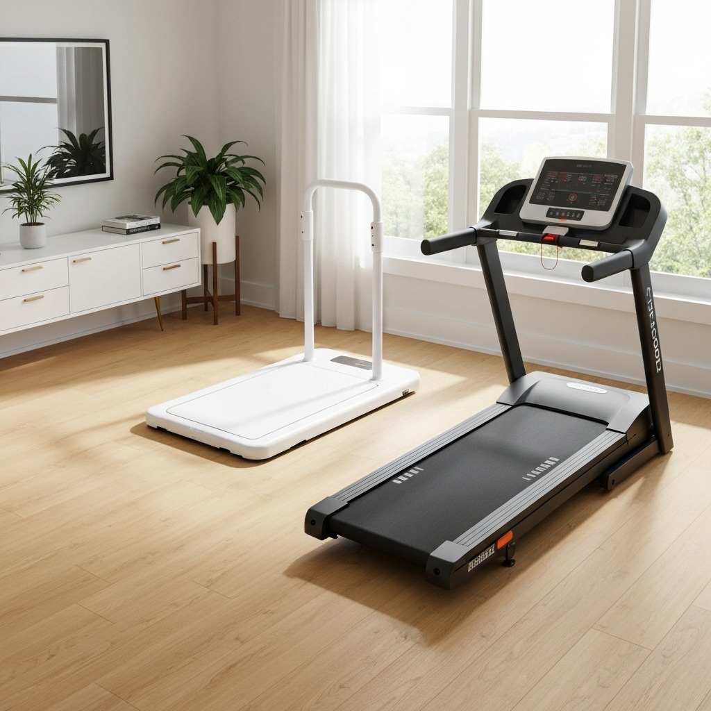 Compact white walking pad next to a full-size black treadmill in a modern home office showing the dramatic size difference between the two machines