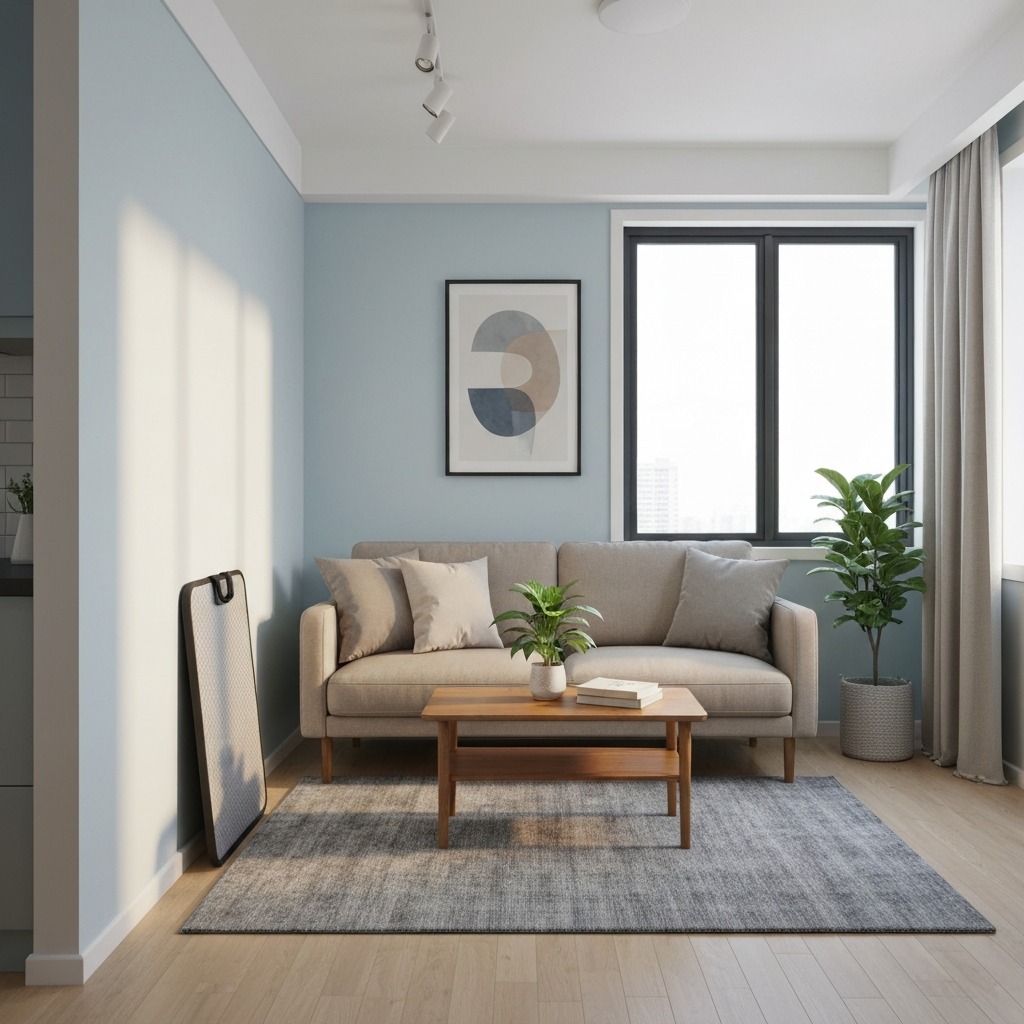 Compact walking pad stored against an apartment wall, demonstrating space-saving benefits in a small living space