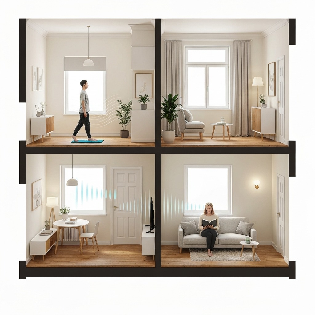 Cross-section illustration showing noise levels of walking pad use in an apartment building