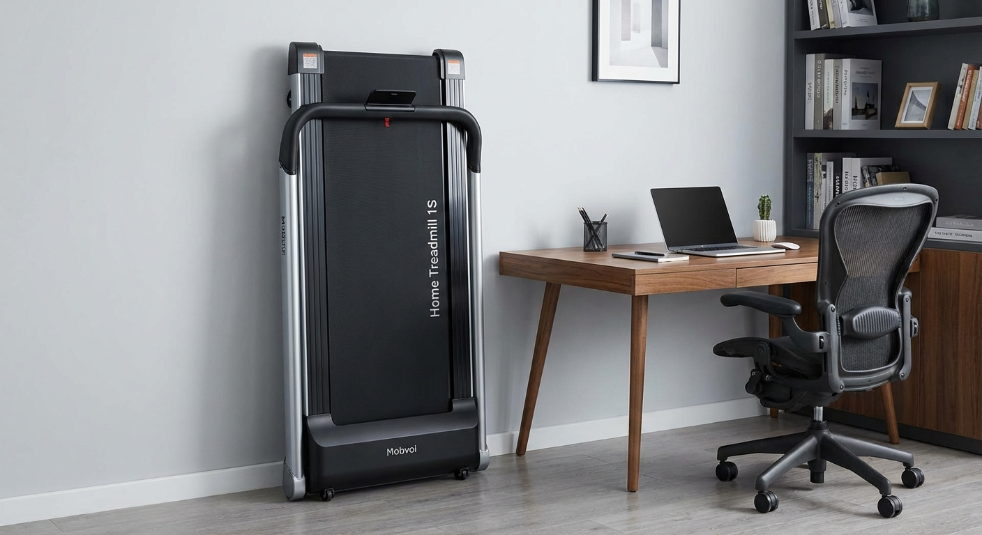 Mobvoi Home Treadmill 1S folded against a minimalist white wall in a modern home office