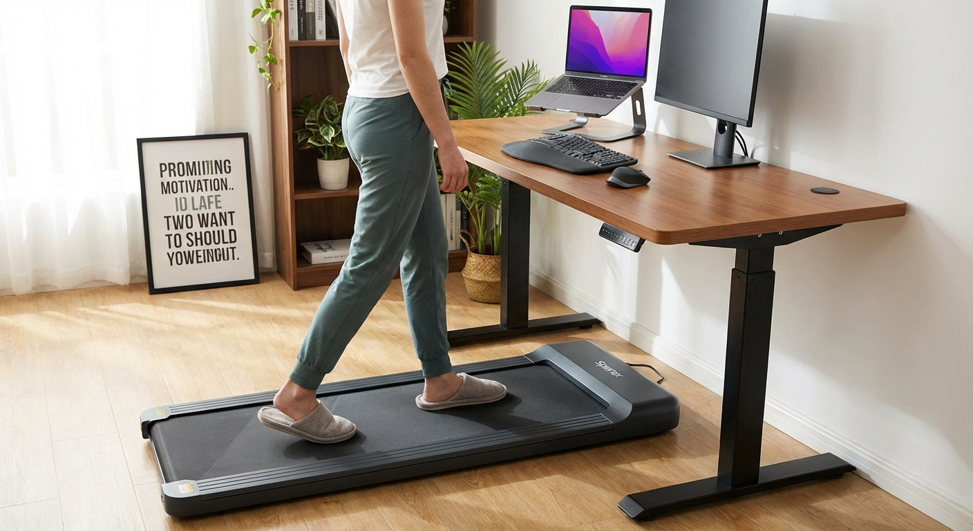Sperax Walking Pad PB517 being used under a standing desk with the user working on a laptop