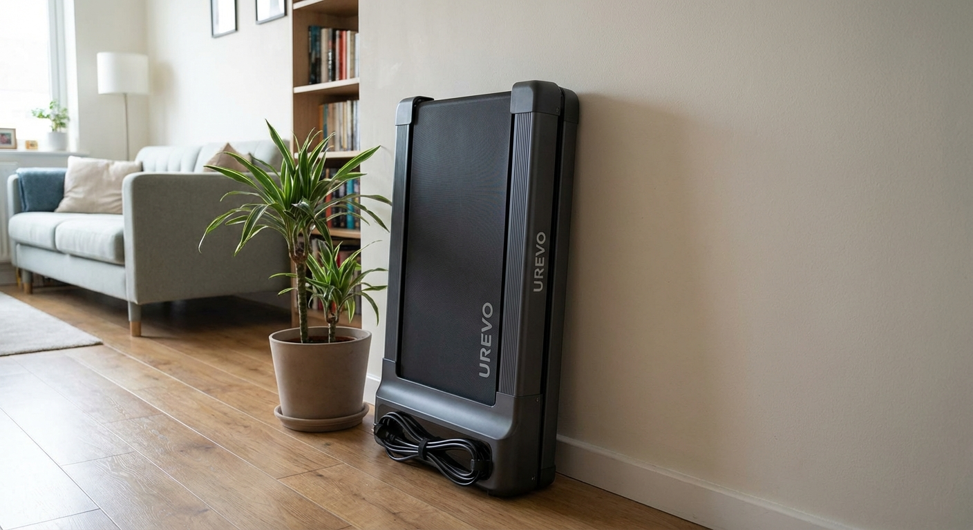 UREVO Foldi Mini walking pad folded and stored flat under a modern sofa