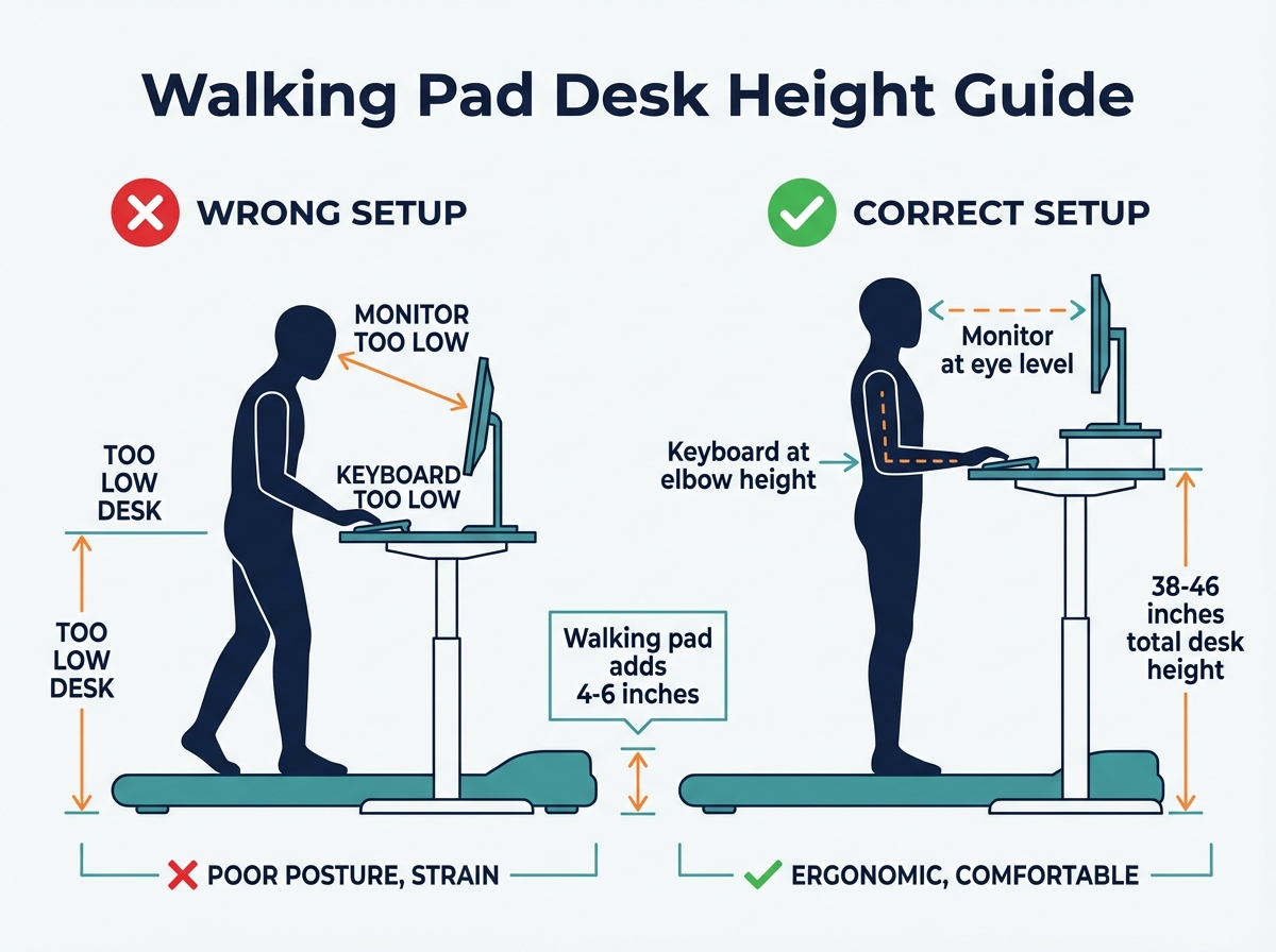 Walking pad desk height guide infographic showing 38-46 inch desk height measurement and correct monitor and keyboard positioning