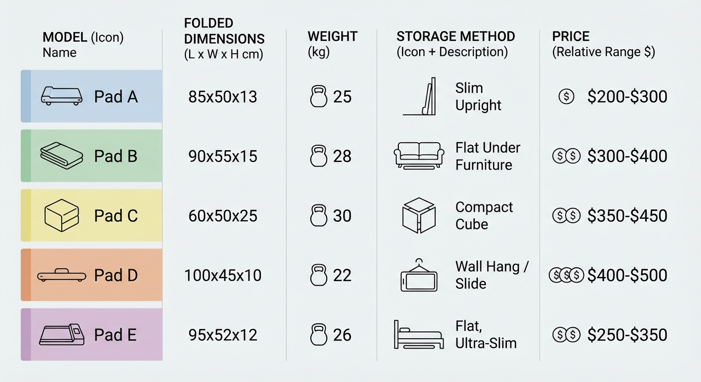 Infographic comparing folded sizes, weights, and storage clearance requirements for all five walking pads in this guide