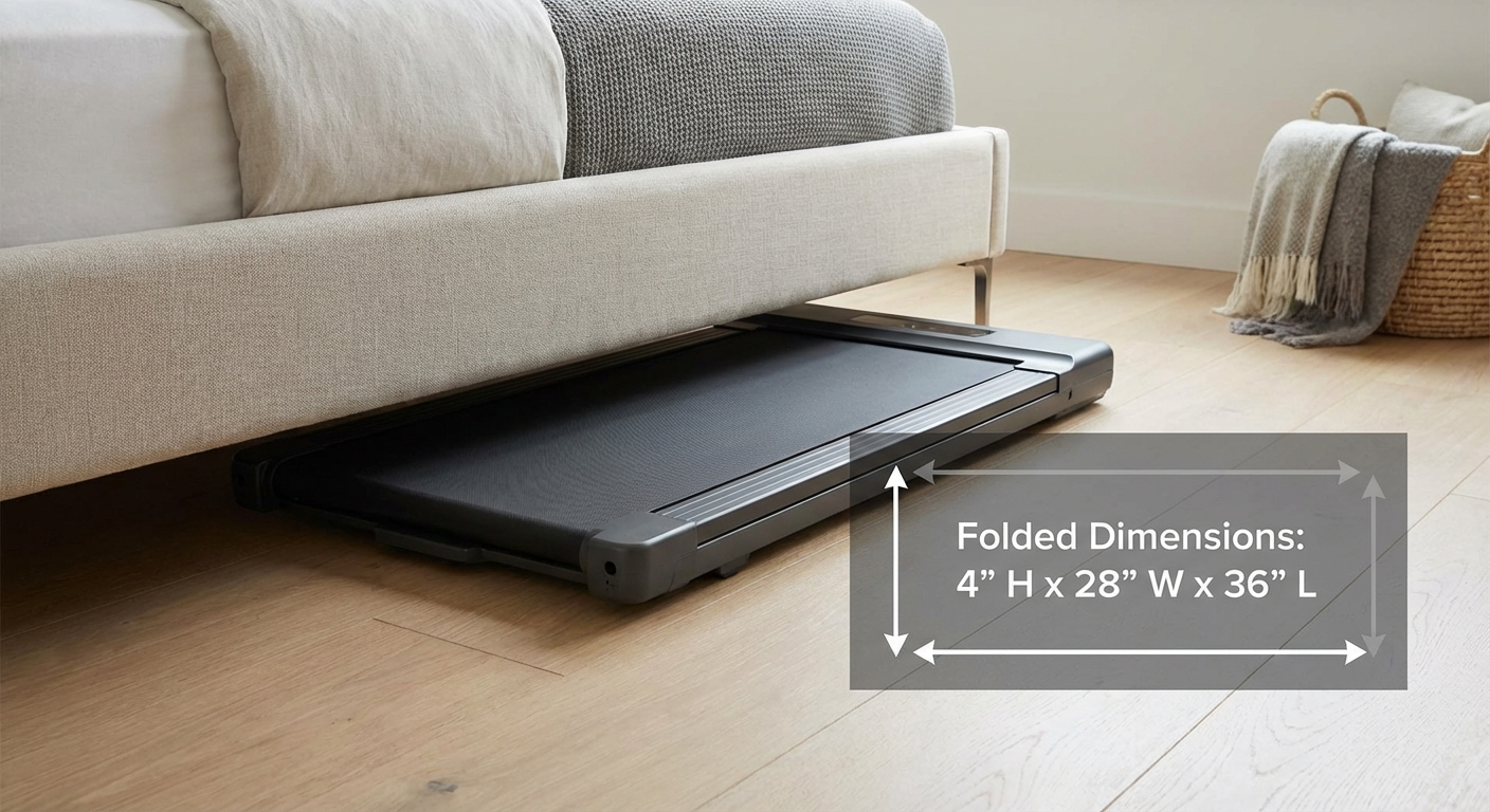 Folding walking pad stored flat under a platform bed in a small bedroom