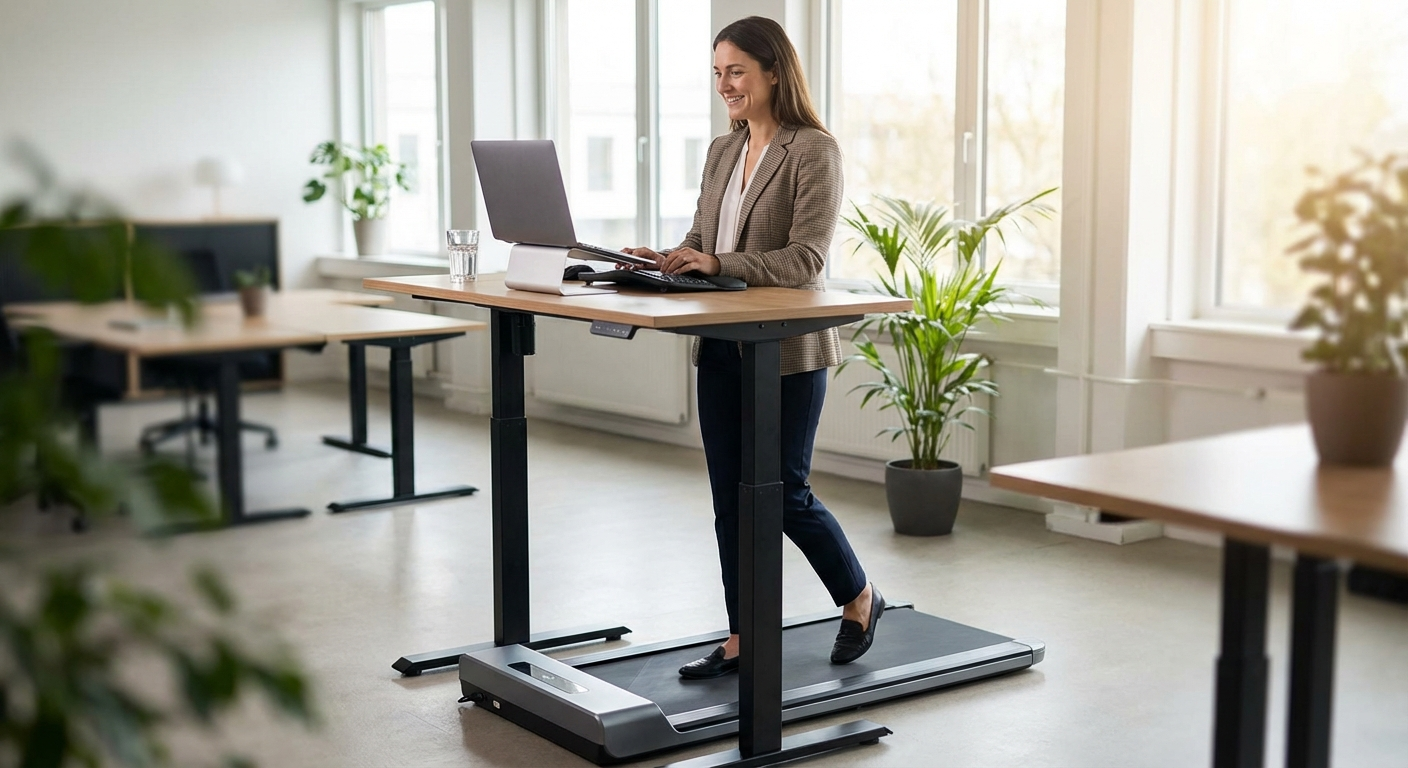 Slim foldable walking pad on hardwood floor next to a desk