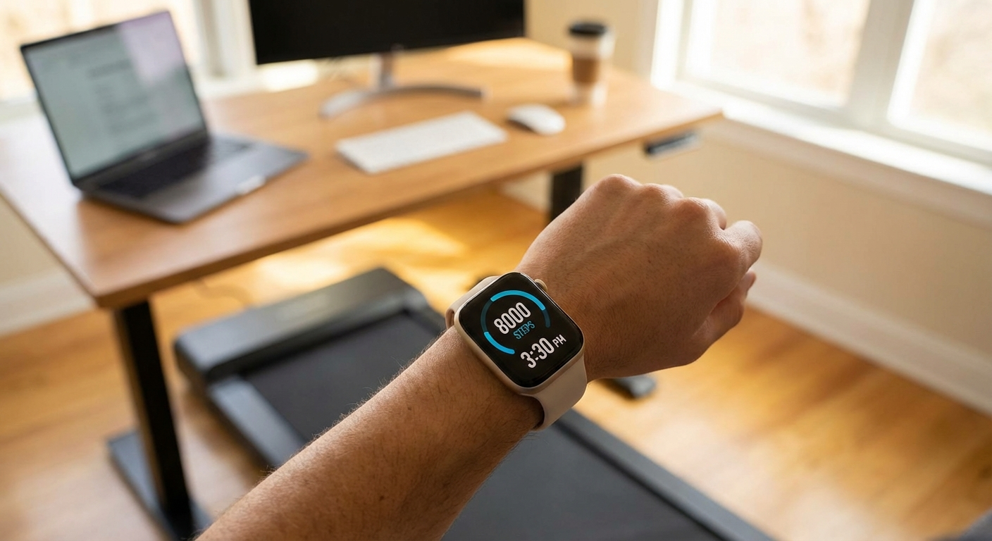 Person tracking steps on smartwatch while walking on walking pad at desk