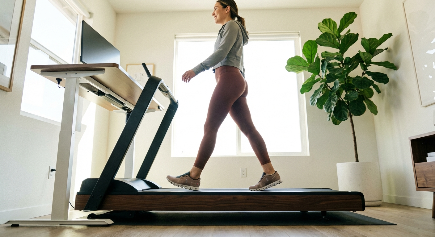 A person safely walking on a sturdy walking pad in a bright, modern home office, illustrating the importance of weight capacity.