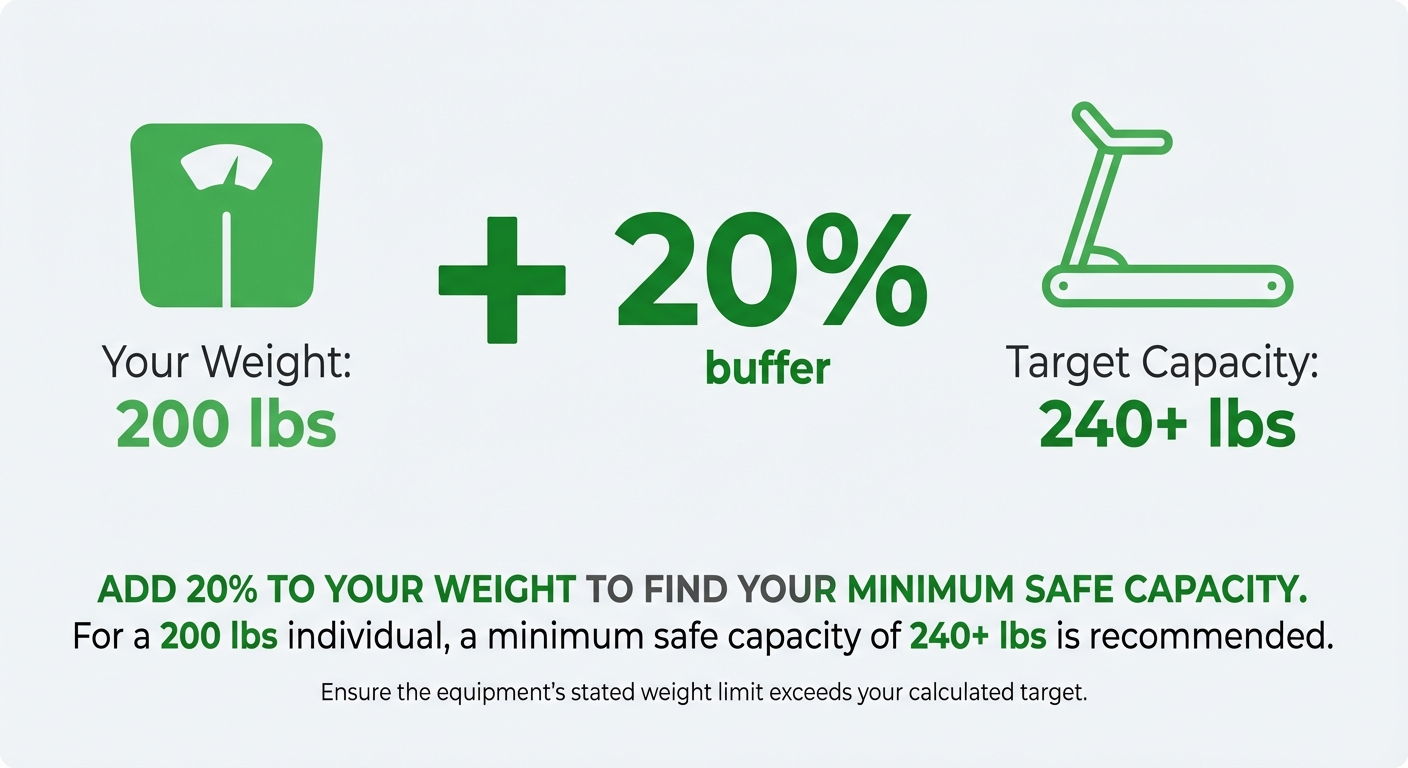An infographic visual explaining the 20% safety margin rule for choosing a walking pad based on body weight.