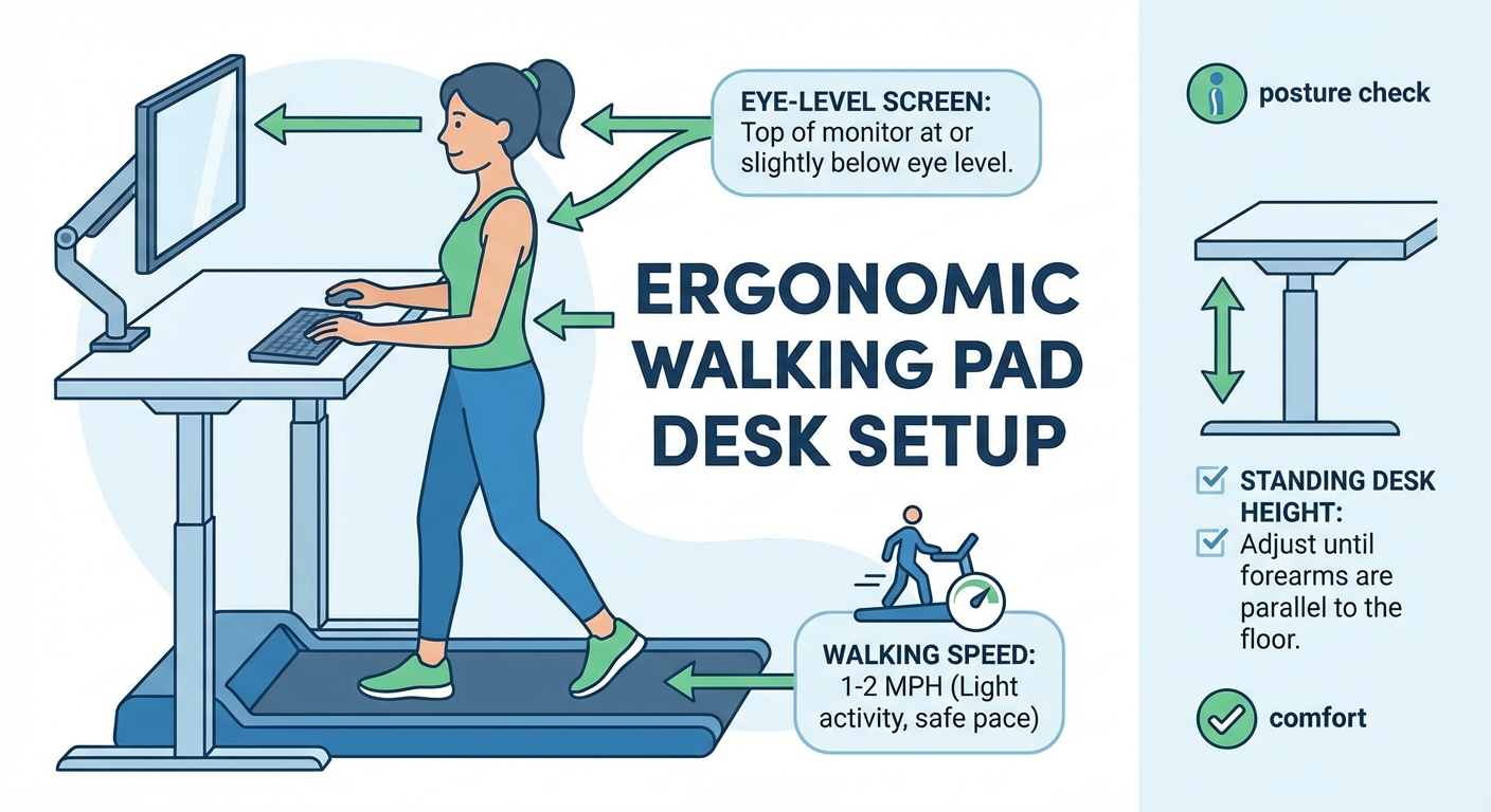 Walking desk ergonomics infographic for monitor, keyboard, and stride alignment.