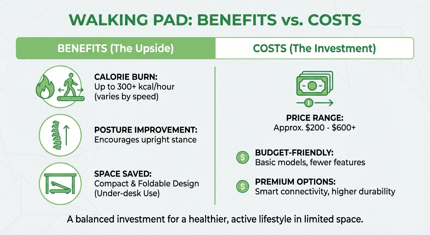 Walking pad benefits and tradeoffs infographic.